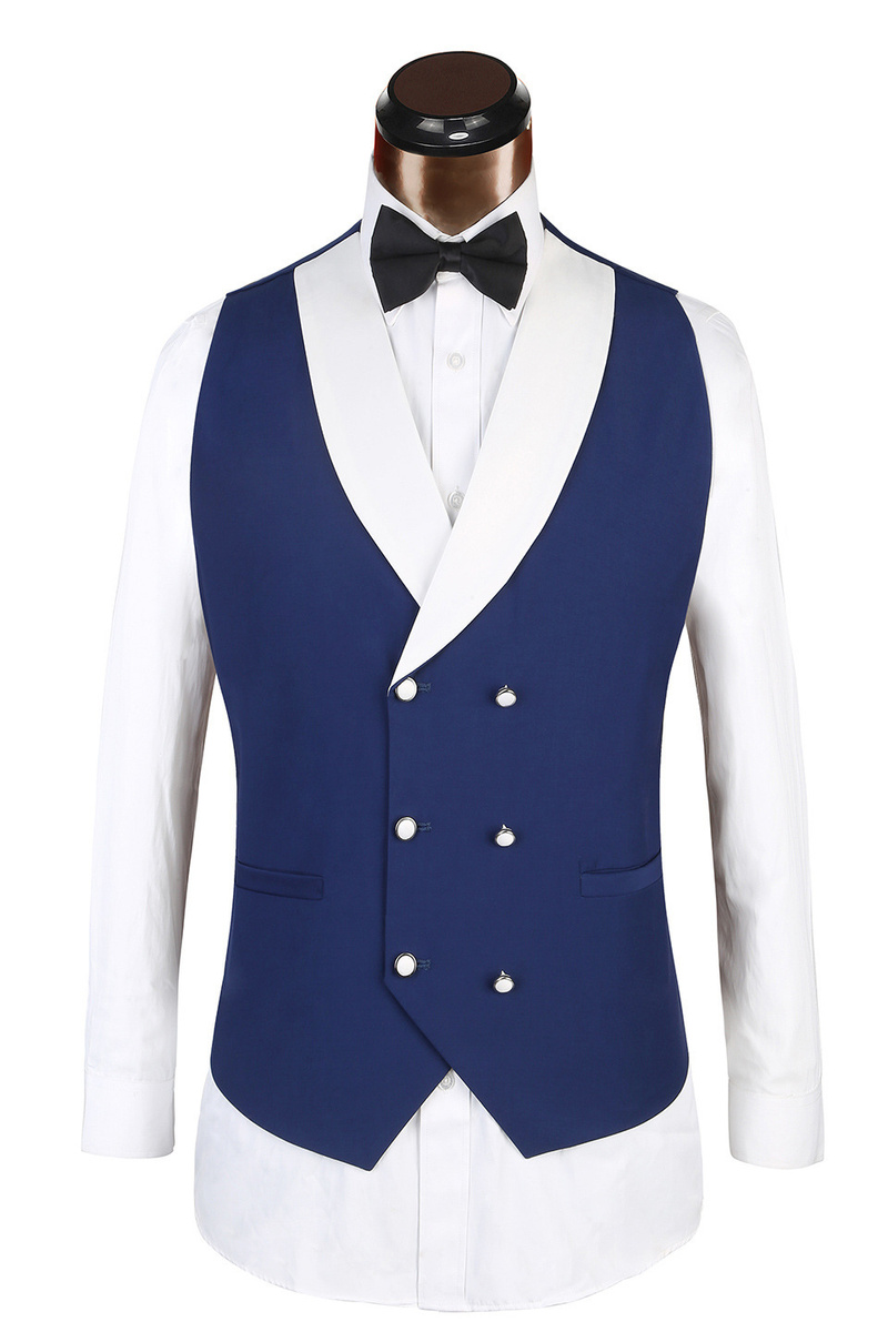 Three-Piece Classic White Lapel Edge Banding Formal Blue Wedding Suit
