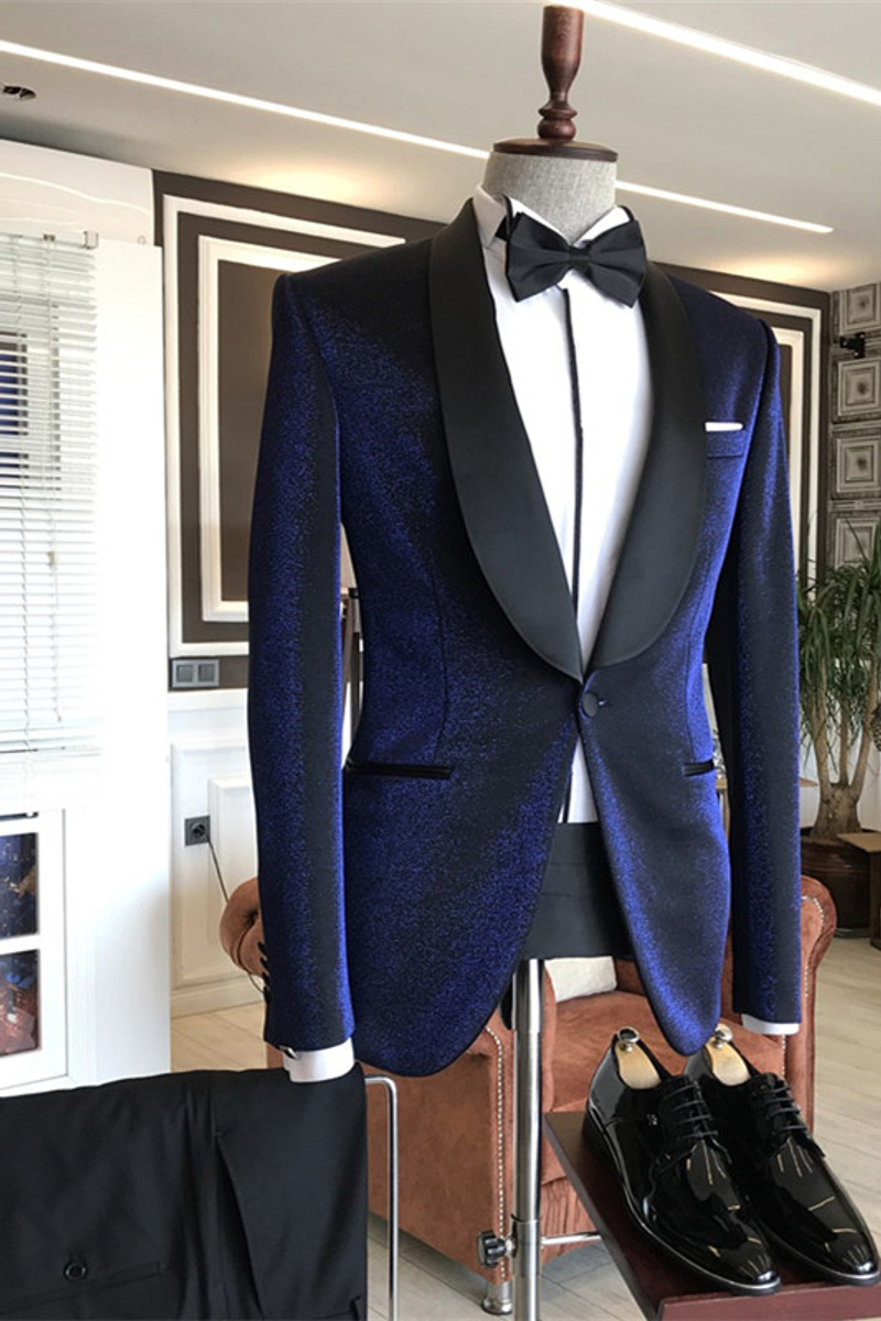 Luciano Shiny Navy Shawl Lapel Wedding Suit with Black Lapel