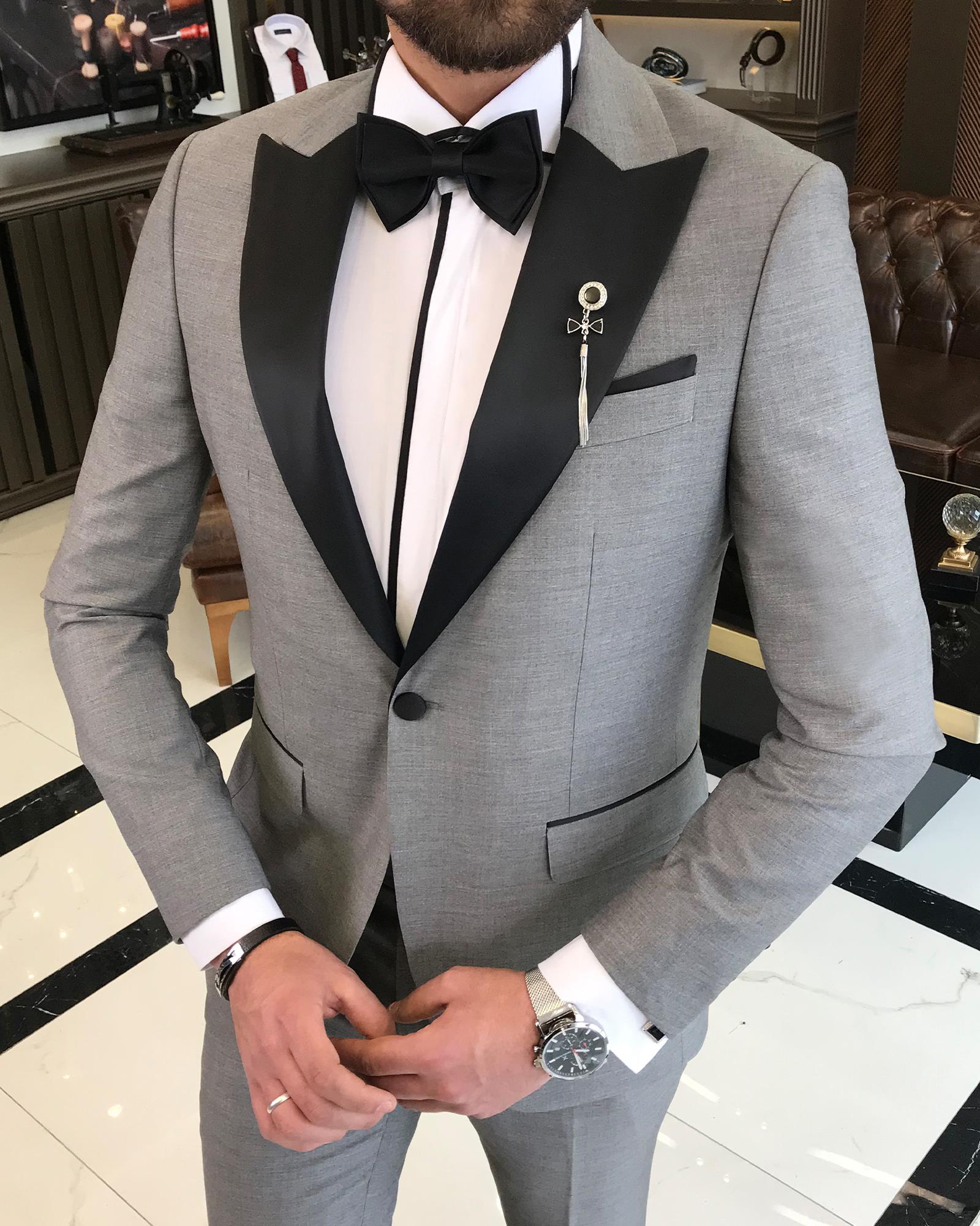 Gray One-Button Black Lapel Collar Men's Two-Piece Suit Available Online