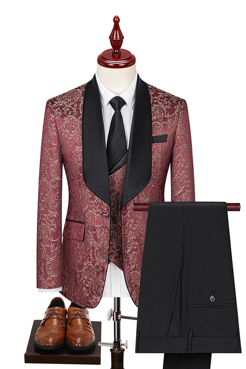 Red Shawl Collar Men's Jacquard Three-Piece Wedding Suit