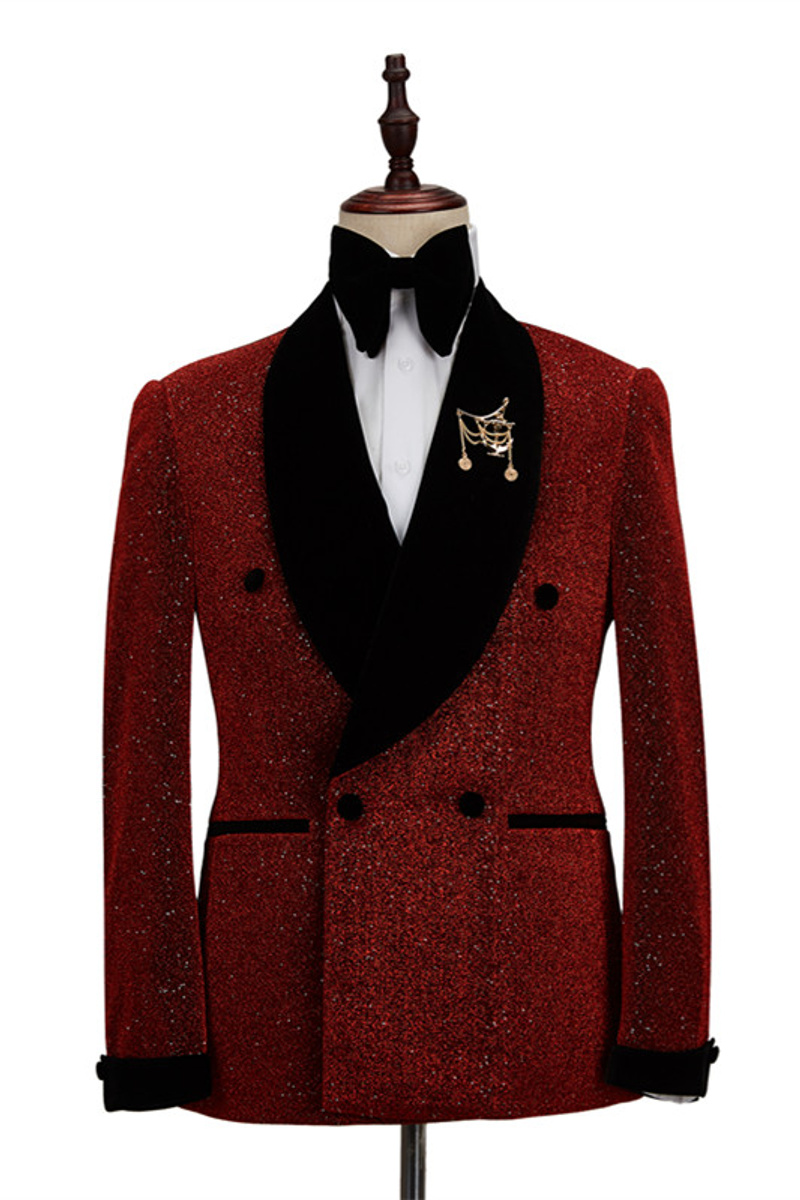 Red Shawl Lapel Double Breasted Wedding Blazer
