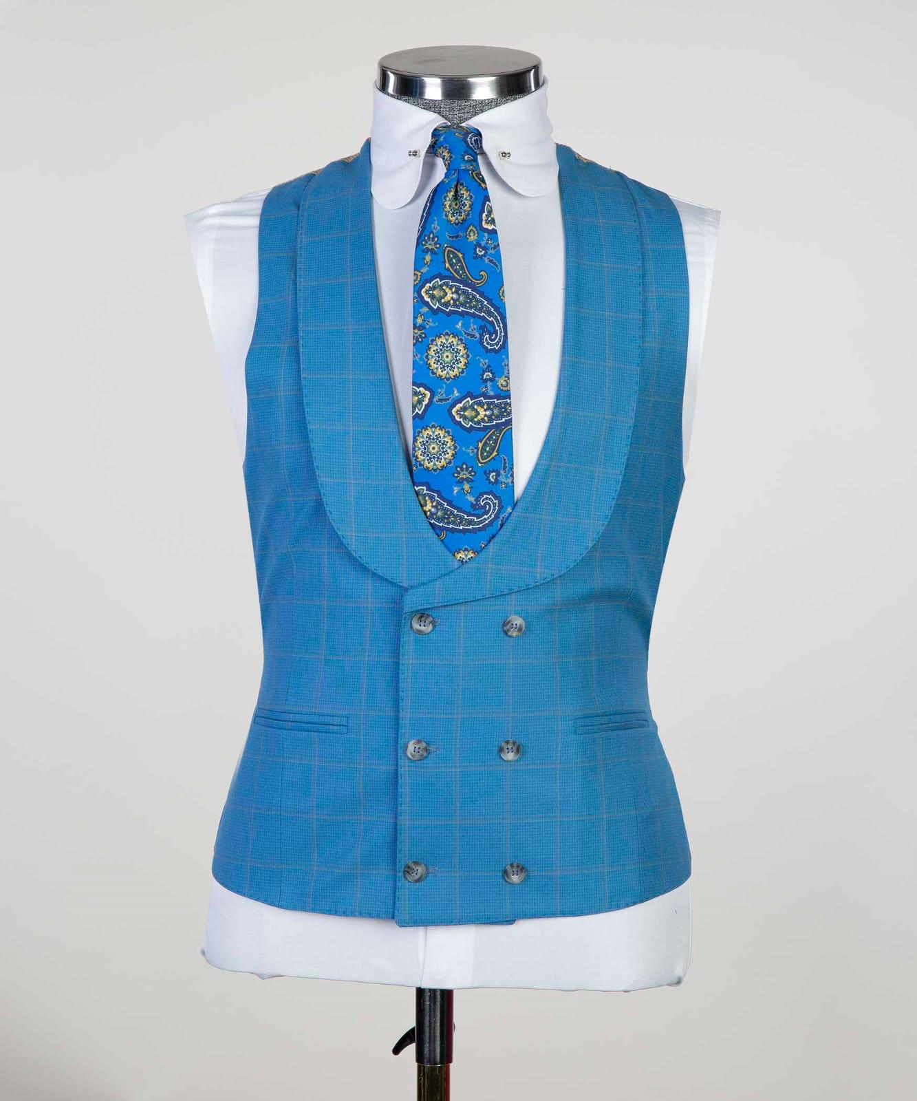 Blue Plaid Three Pieces Peaked Lapel Men Suits For Business