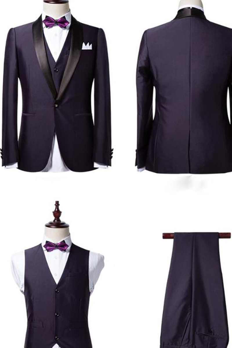 Classic Dark Purple Shawl Lapel Black Wedding Tuxedo Prom Suit