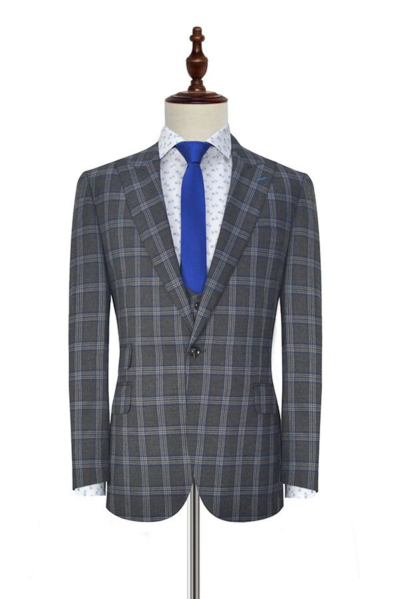 Soft Dark Grey Oversized Check Suit Peak Lapel Three-Piece Suit