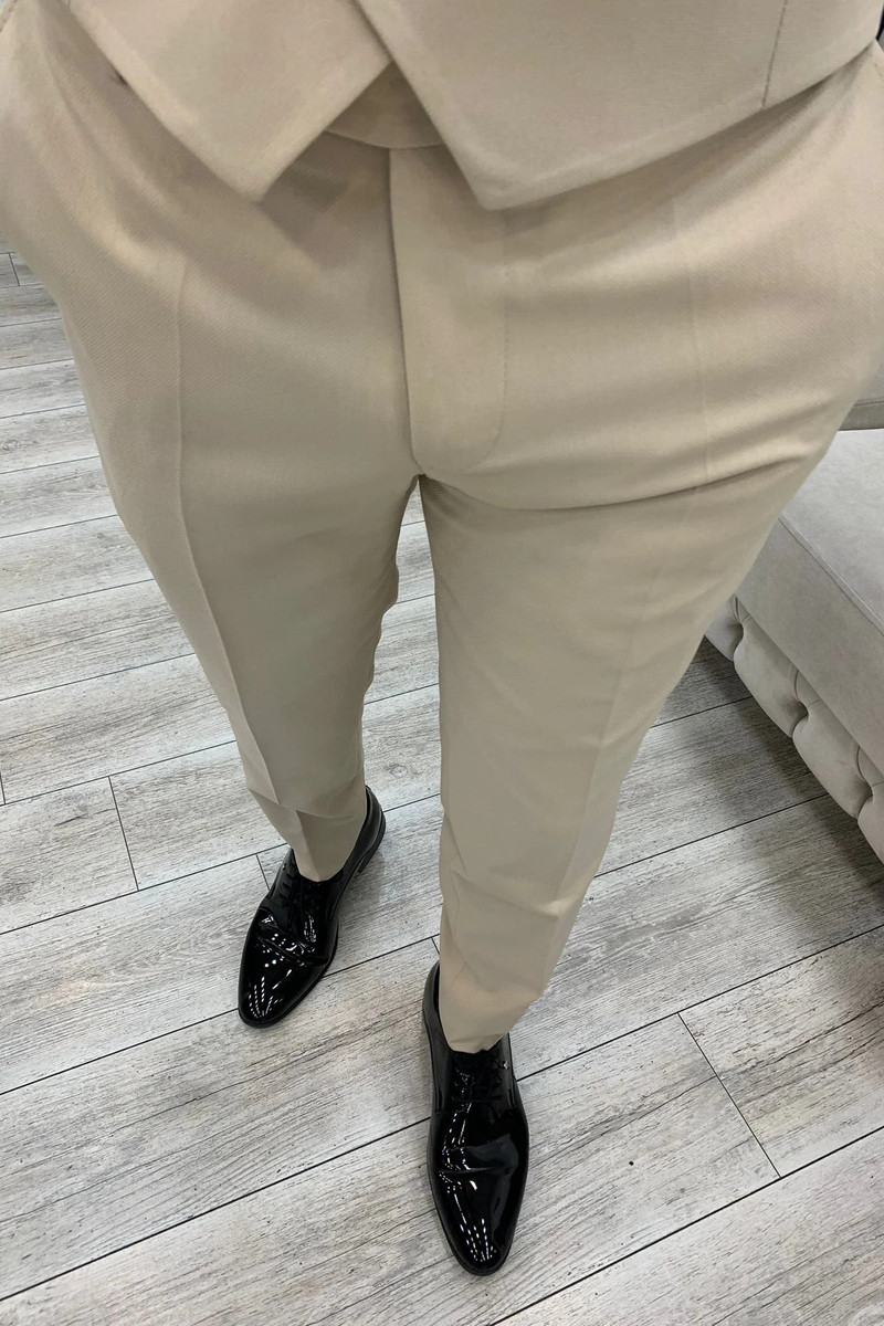 Marbel Beige Slim Fit Velvet Peak Lapel Tuxedo