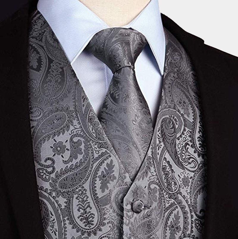 Graham Silk Charcoal Grey Paisley Vest With Tie