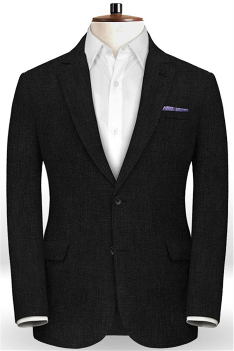 Black Summer Groom Men Suit Notch Lapel Linen Two Piece Tuxedo