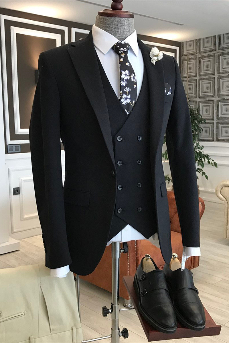 Yves Black Three-Piece Notched Lapel One-Button Three-Flap Suit