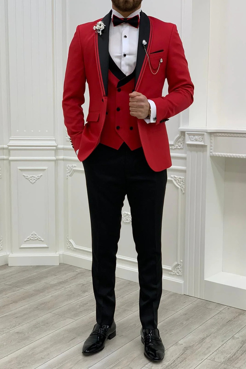Italian Red Slim Fit Shawl Lapel Three-Piece Tuxedo