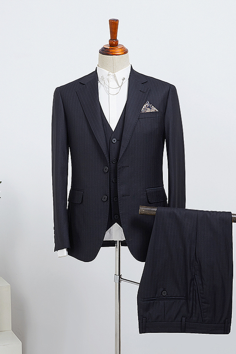 Benson Modern Navy Stripe Three-Piece Slim Fit Custom Business Suit