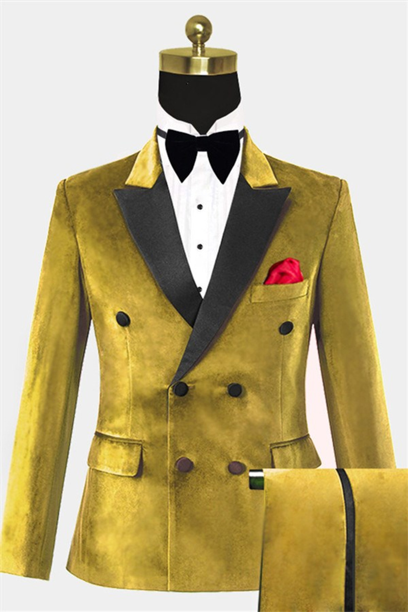 Gold Velvet Suit Double-Breasted Tailored Suit