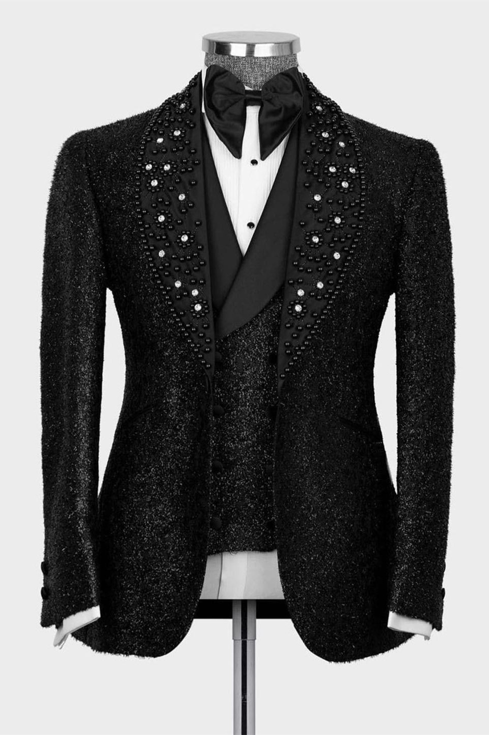 Shiny Black Beaded Shawl Lapel Three-Piece Chic Prom Suit