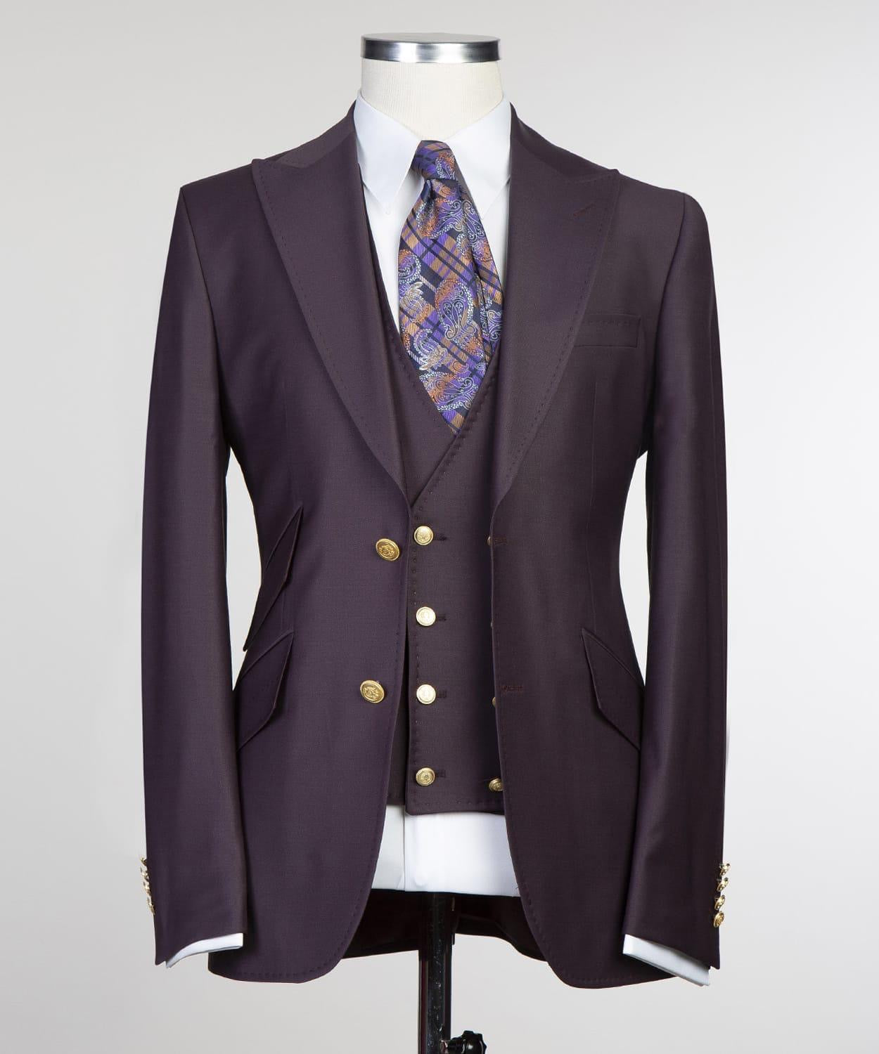 Dark Purple Pointed Collar Three-Piece Chic Prom Suit