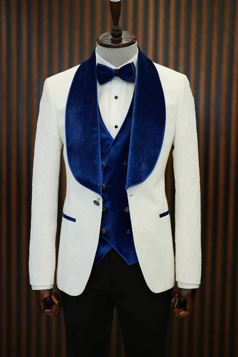 bella Blue Velvet Shawl Lapel Jacquard Slim Fit Three-Piece Tuxedo
