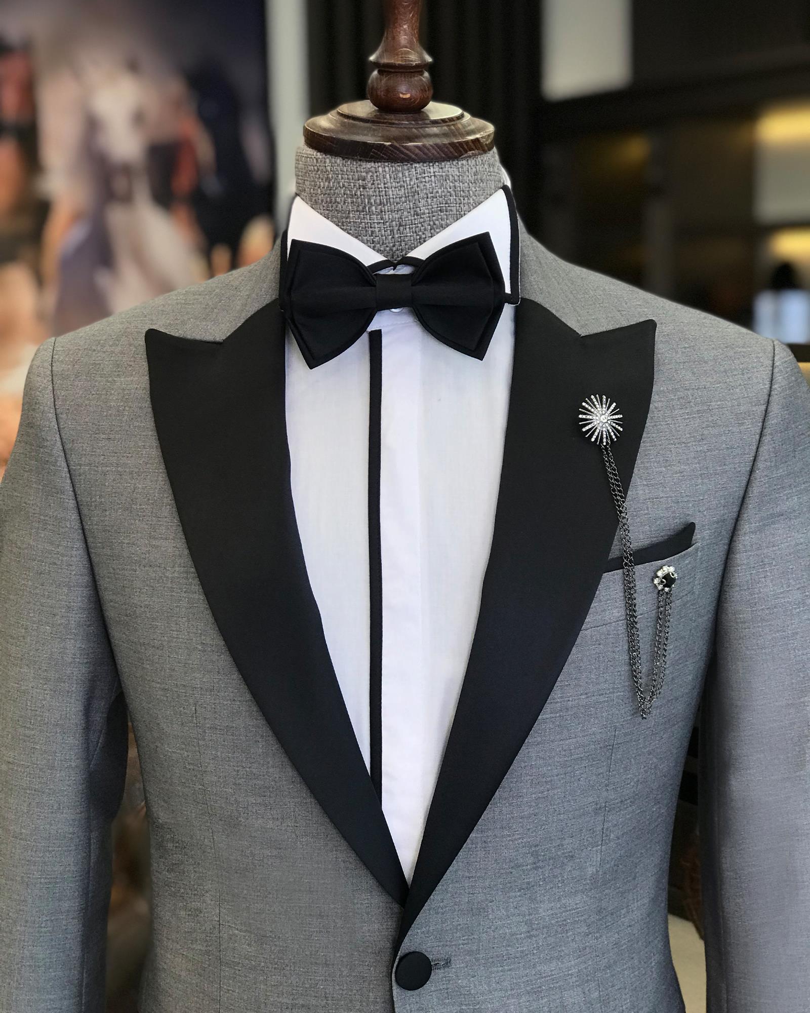 Gray One-Button Black Lapel Collar Men's Two-Piece Suit Available Online