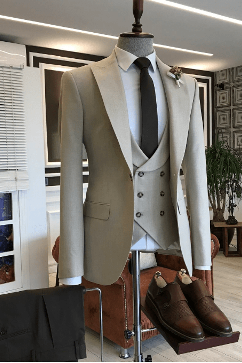 Elmer Formal Light Khaki Three Piece Double Breasted Two Flap Business Suit