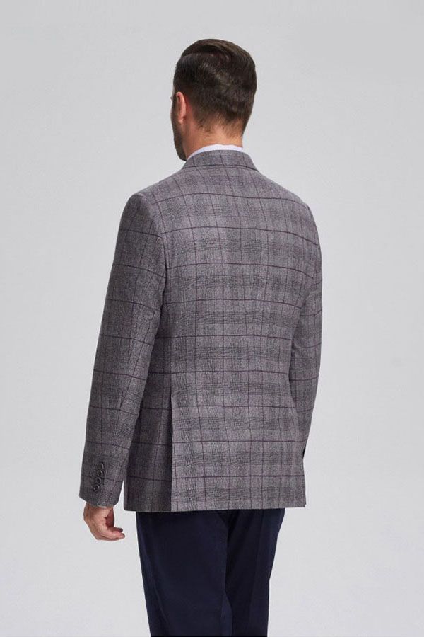 Men Elegant Grey Plaid Double Breasted Blazer With Flap Pockets