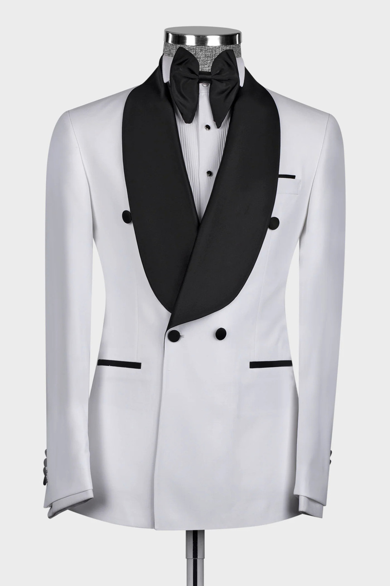 White Double-Breasted Wool Blend Shawl Collar Men's Wedding Suit with Gold Buttons
