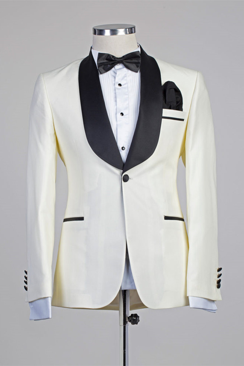 Moses Ivory One-Button Slim Fit Wedding Suit with Black Lapel
