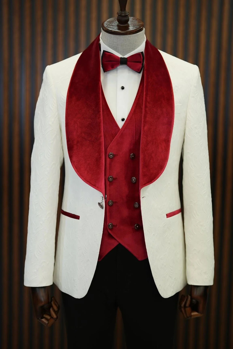 bella Red Velvet Shawl Lapel Jacquard Slim Fit Three-Piece Tuxedo