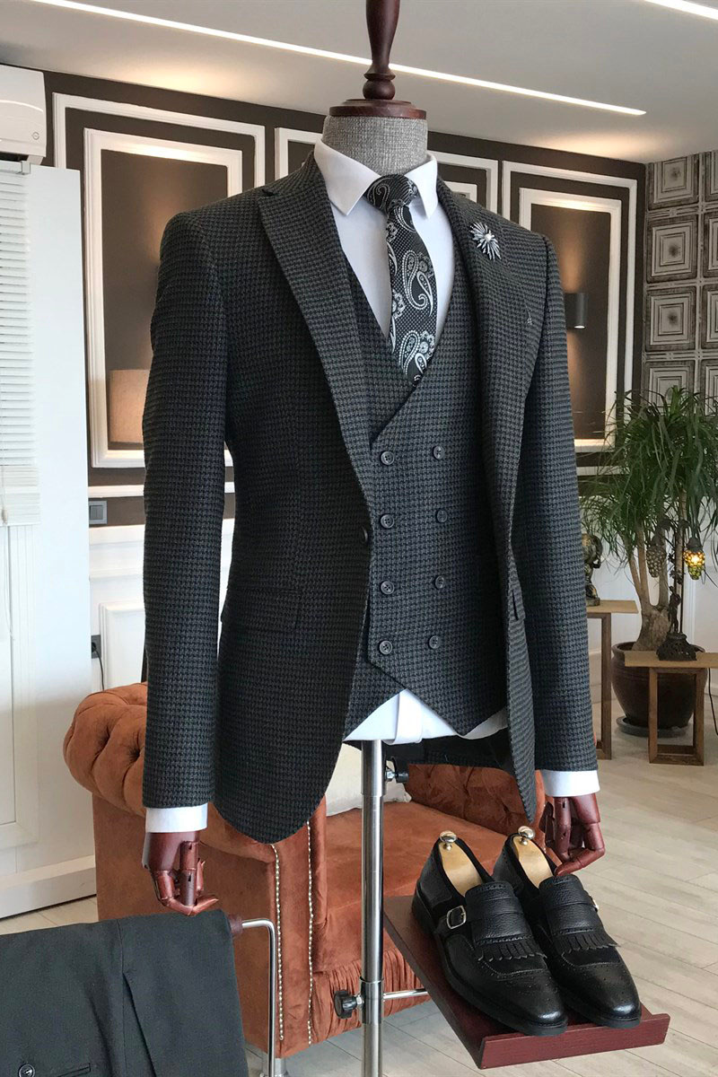 Quentin Black Check Three-Piece Notched Lapel Business Suit