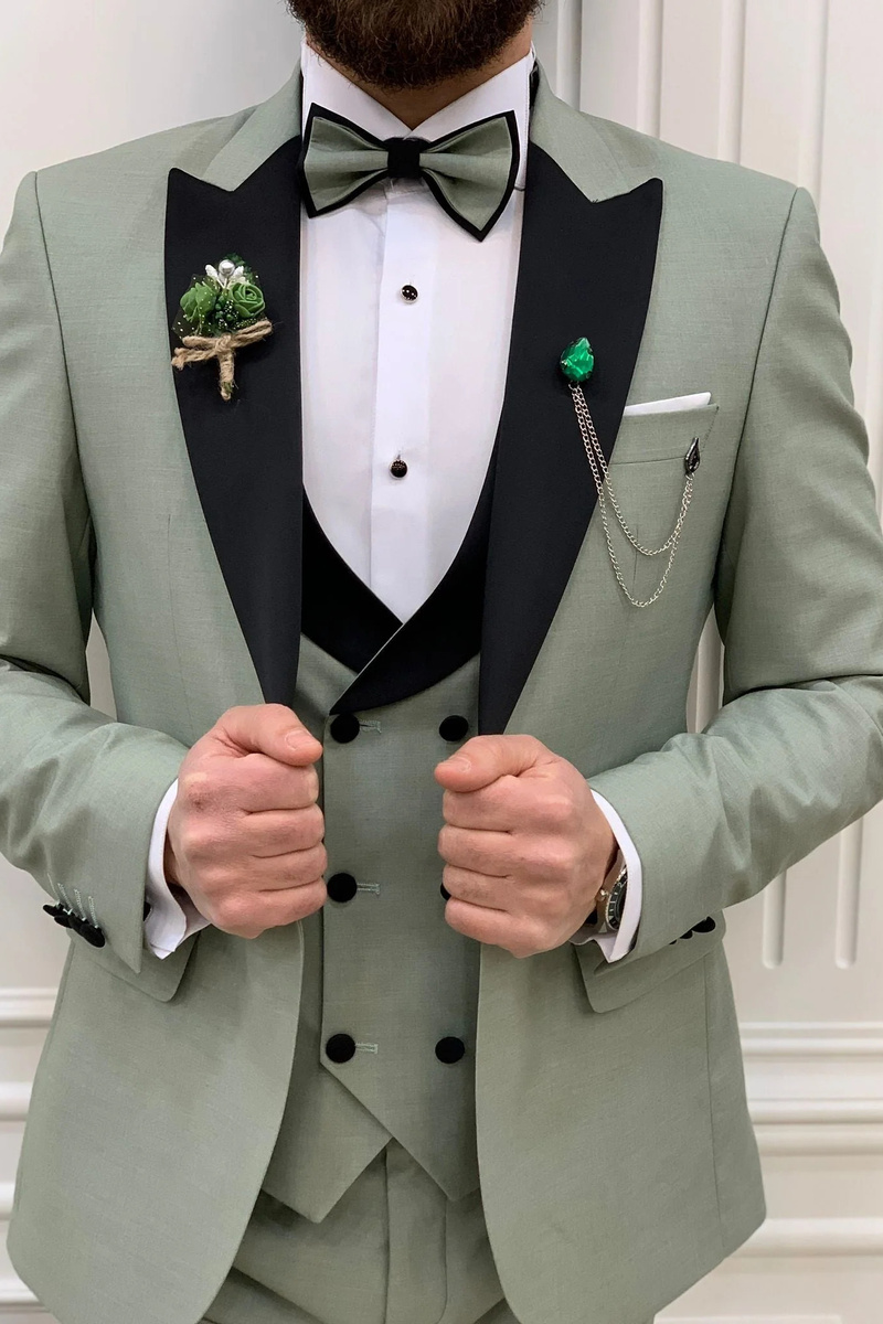 Modern Water Green Slim Velvet Peak Collar Three Piece Tuxedo