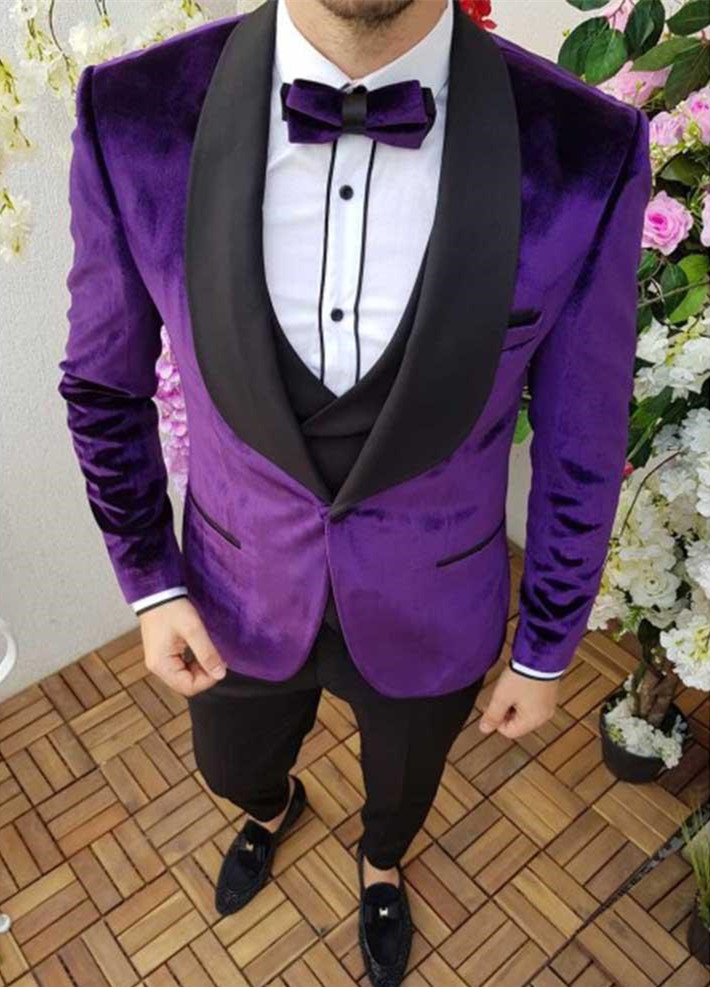 Formal Party Suit Suit Men Purple Black Cape Lapel Velvet Smoking Tuxedo