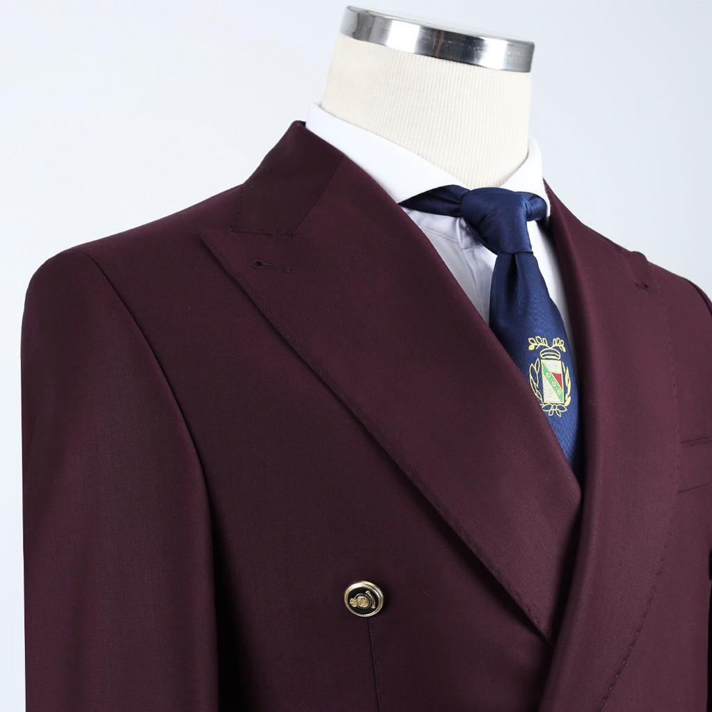 Burgundy Double-Breasted Pointed Collar Slim Fit Suit