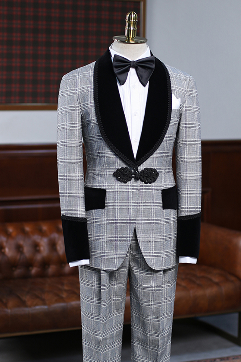 Butler Fashion Grey Plaid Knit Button Groom Wedding Suit