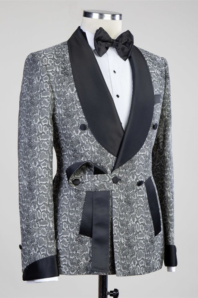 Khalil Grey Double-Breasted Jacquard Wedding Suit with Black Lapel