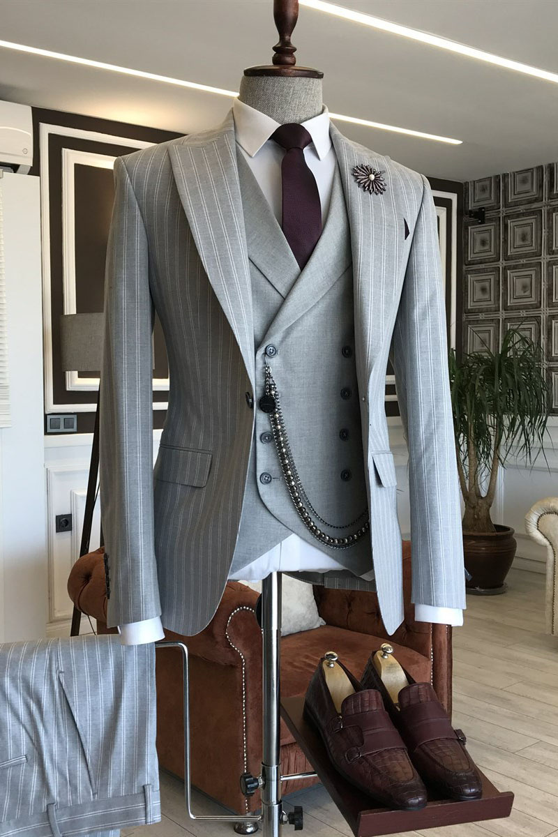 Lucien Newest Grey Three Piece Striped Point Lapel Business Suit