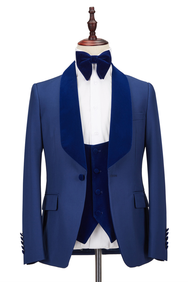 Stitching Velvet Shawl Lapel Royal Blue One-Button Formal Prom Suit and Wedding Tuxedo Online