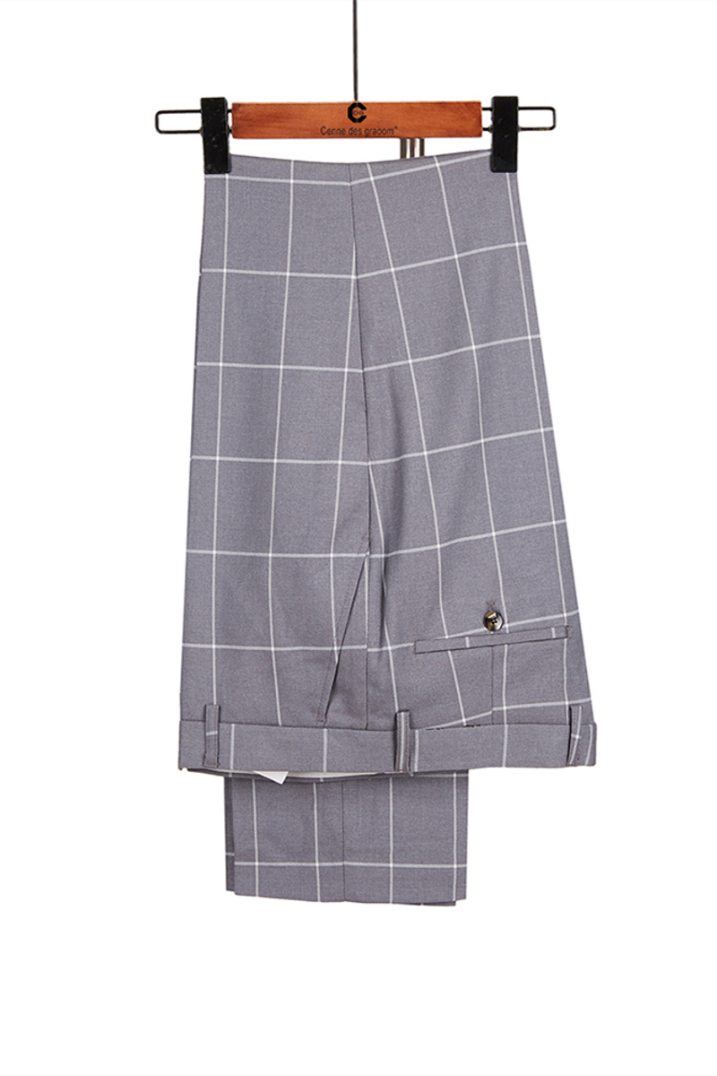 Gray Plaid Lapel Double-Breasted Business Suit