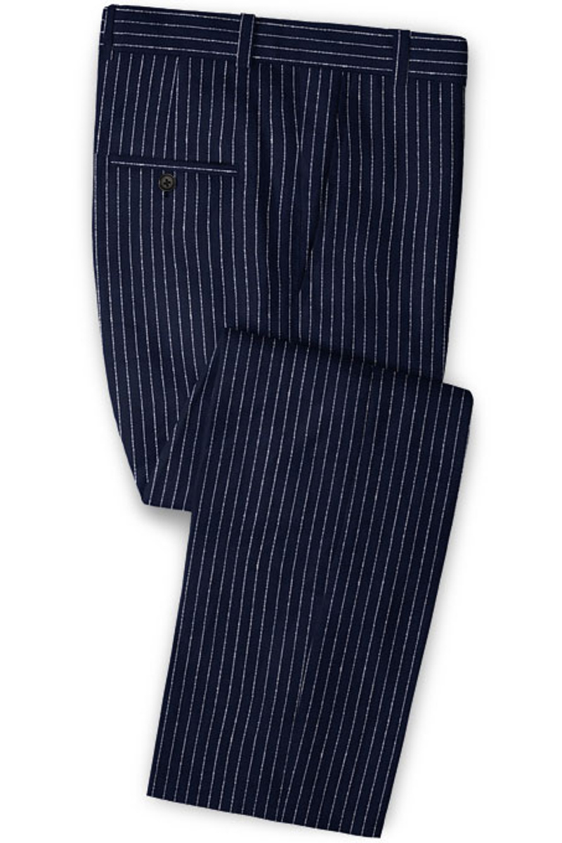 Dark Blue Linen Formal Tuxedo Business Striped Two Piece Men Suit