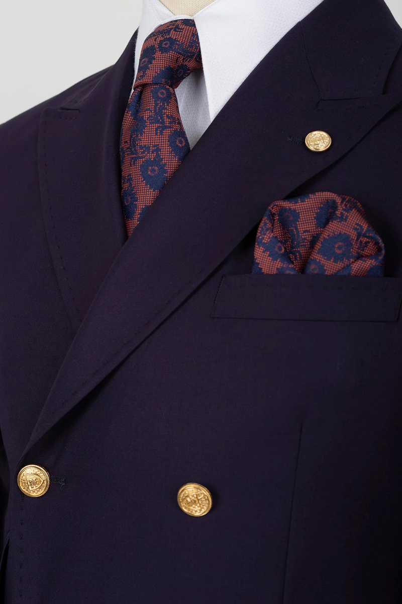 Dark Purple Wool Blend Double-Breasted Six-Button Suit with Scoop Neck