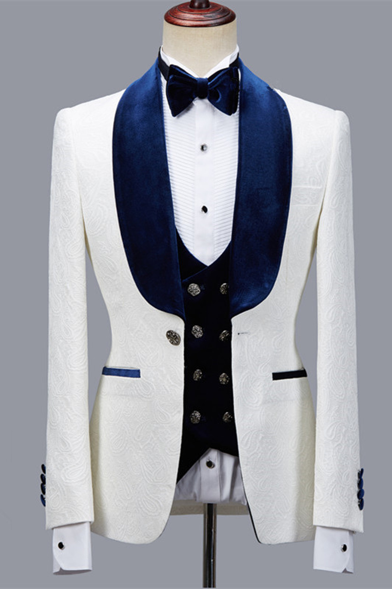 Quincy Handsome White Jacquard Shawl Lapel Wedding Suit