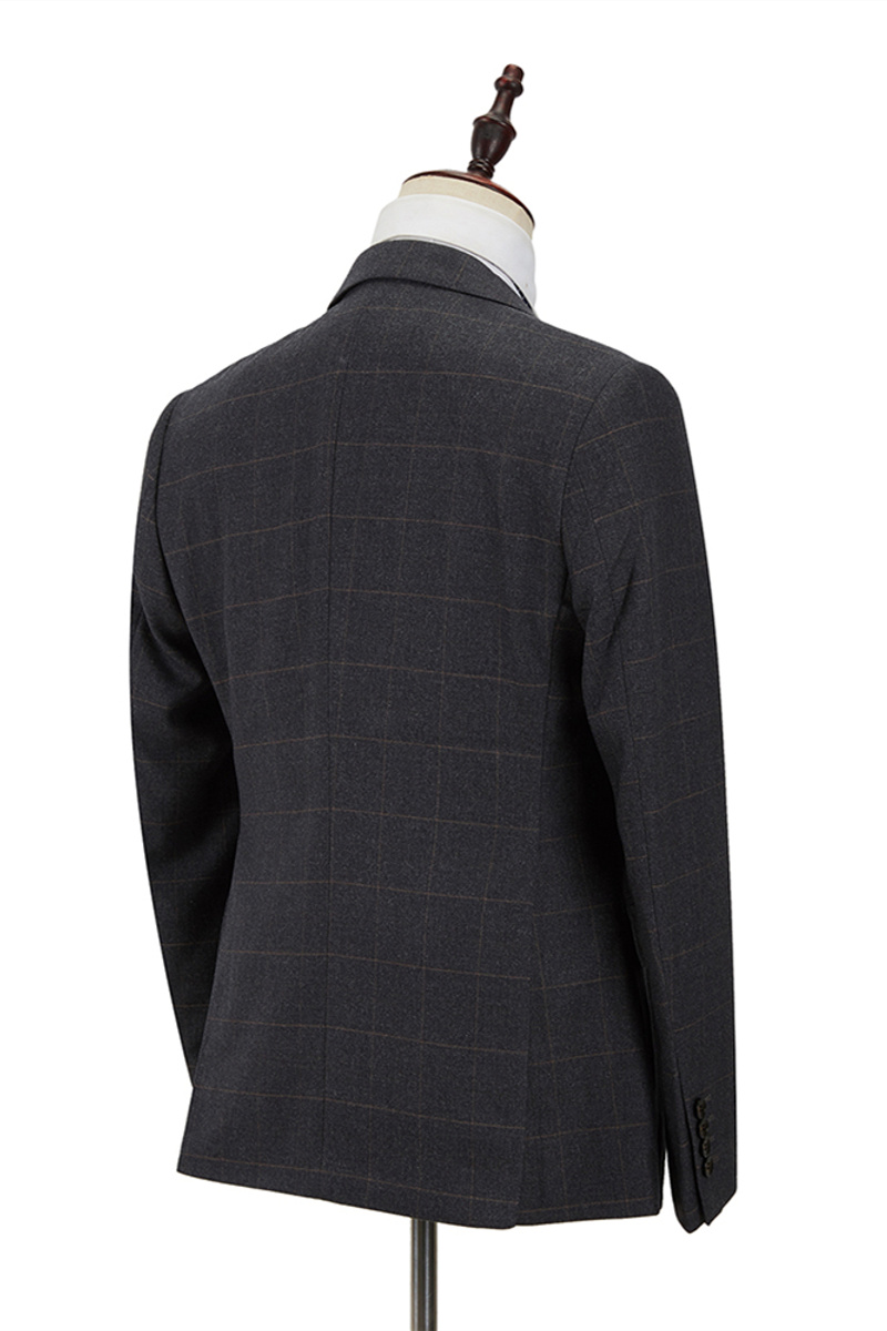 Dark Grey Plaid Peak Lapel Three-Piece Suit with Double-Breasted Waistcoat