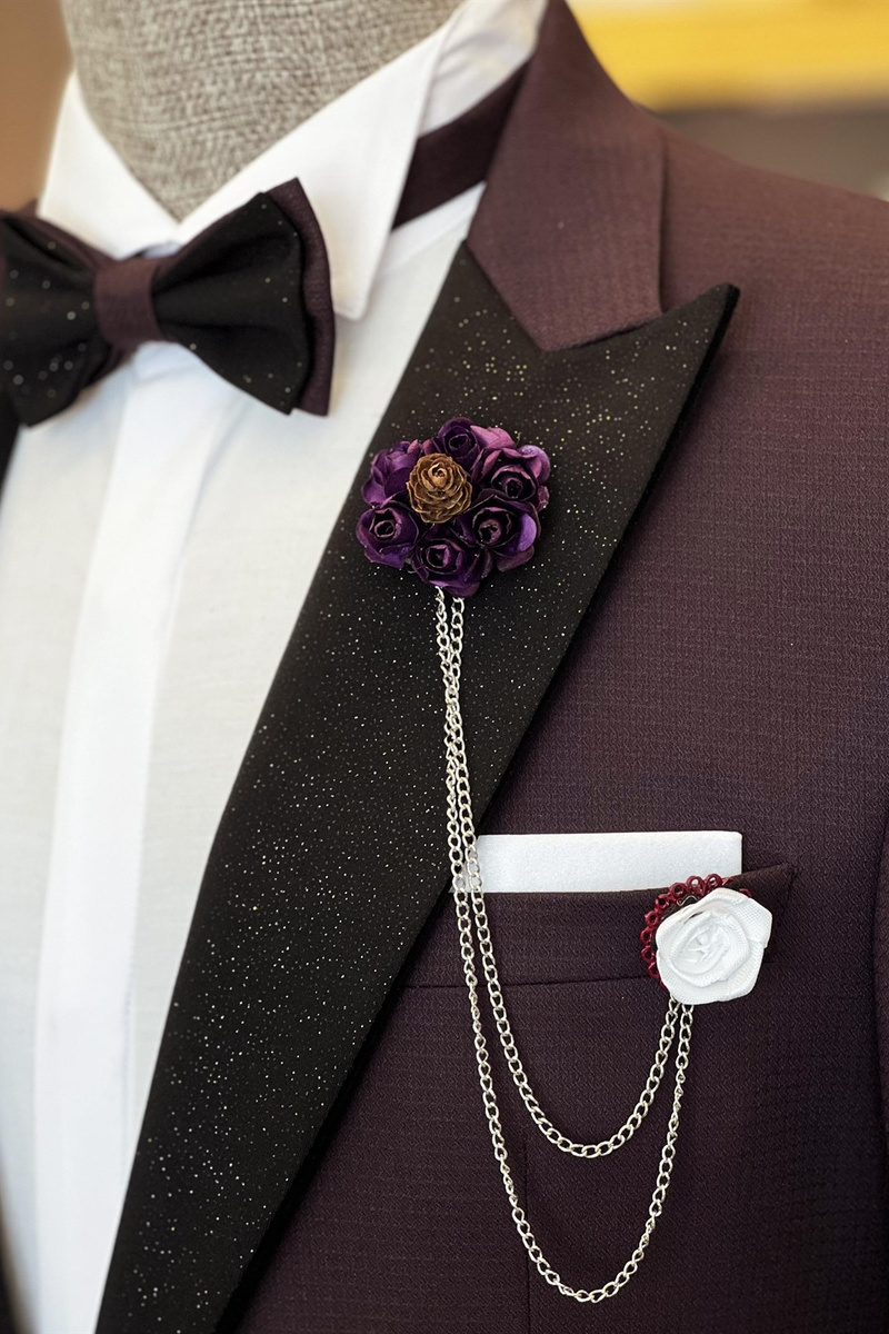 Baldwin Stylish Dark Purple Three-Piece Suit with Shiny Peaked Lapel