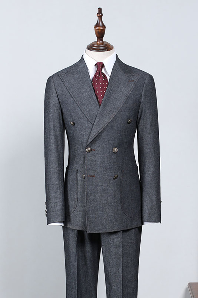 Irving Classic Dark Grey Wool Bend Vintage Pointed Lapel Double Breasted Formal Suit