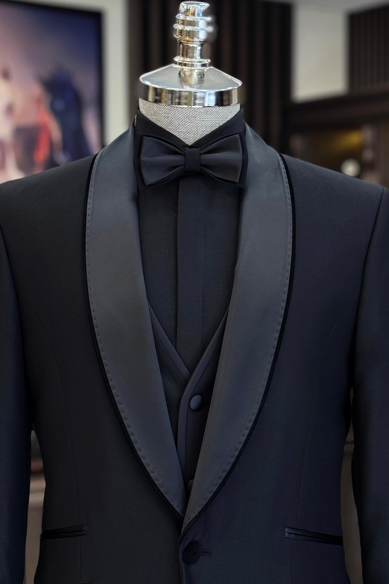 Elegant Italian Black Wool Blend Slim Fit Hidden Pocket Shawl Collar Groom Suit Two or Three Piece