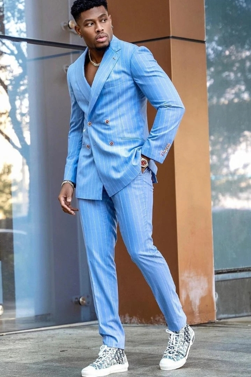 Billy Stylish Sky Blue Notch Lapel Double Breasted Striped Men Prom Two Piece Suit