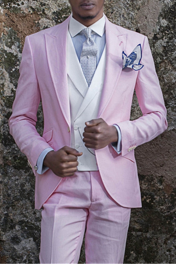 Fashion Notch Lapel Groom Tuxedo Pink Prom Menwear