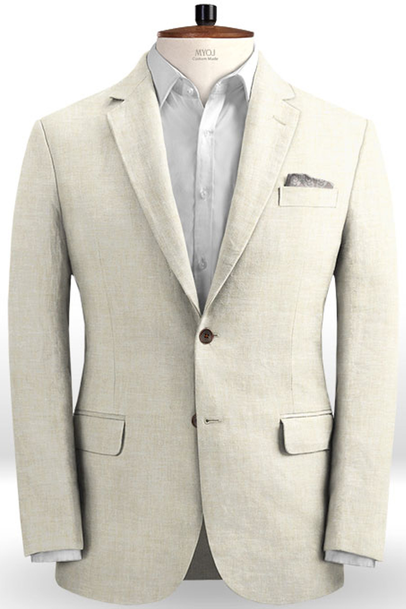 Beach Ivory Linen Wedding Suit Casual Groom Prom Tuxedo
