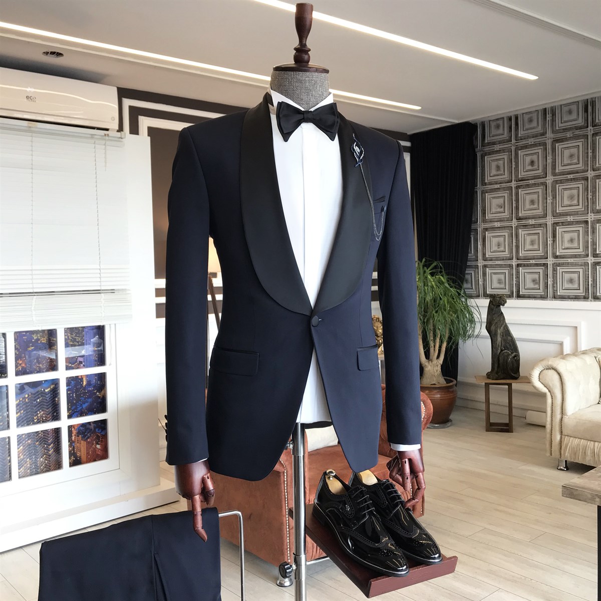 Allan Dark Navy Fashion Black Shawl Lapel One-Button Wedding Suit