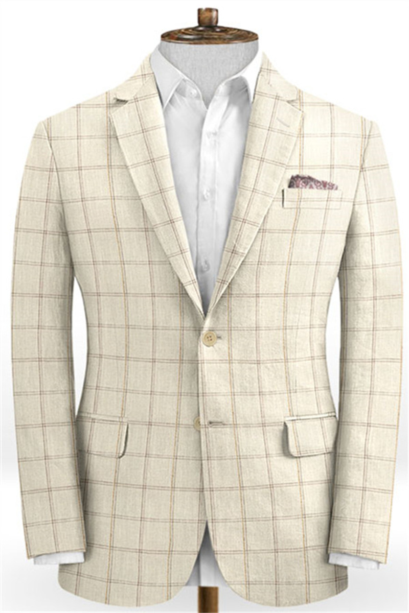 Light Champagne Check Linen Tuxedo Fashion Two-Piece Notched Lapel Suit