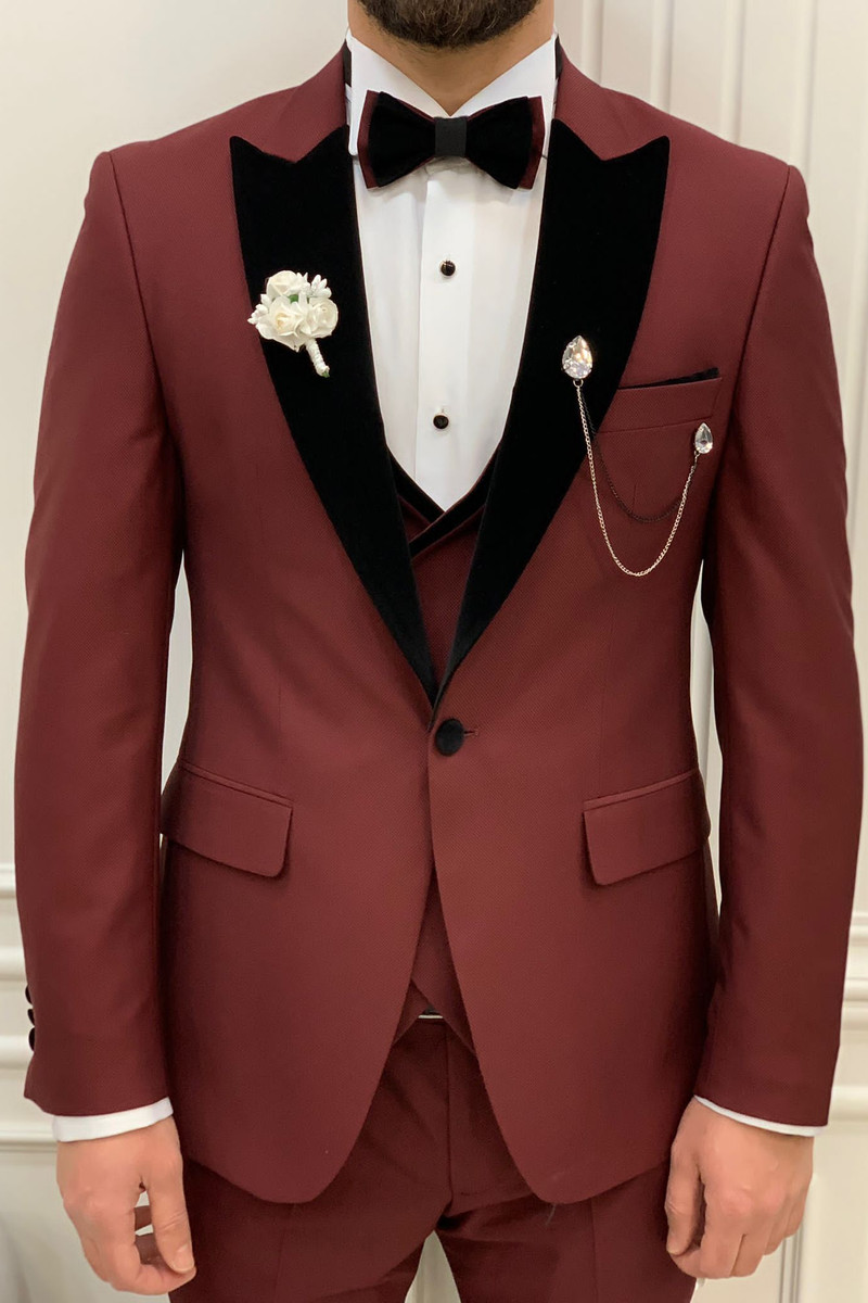 Modern Fashion Burgundy Velvet Slim Fit Three-Piece Tuxedo with Peak Collar