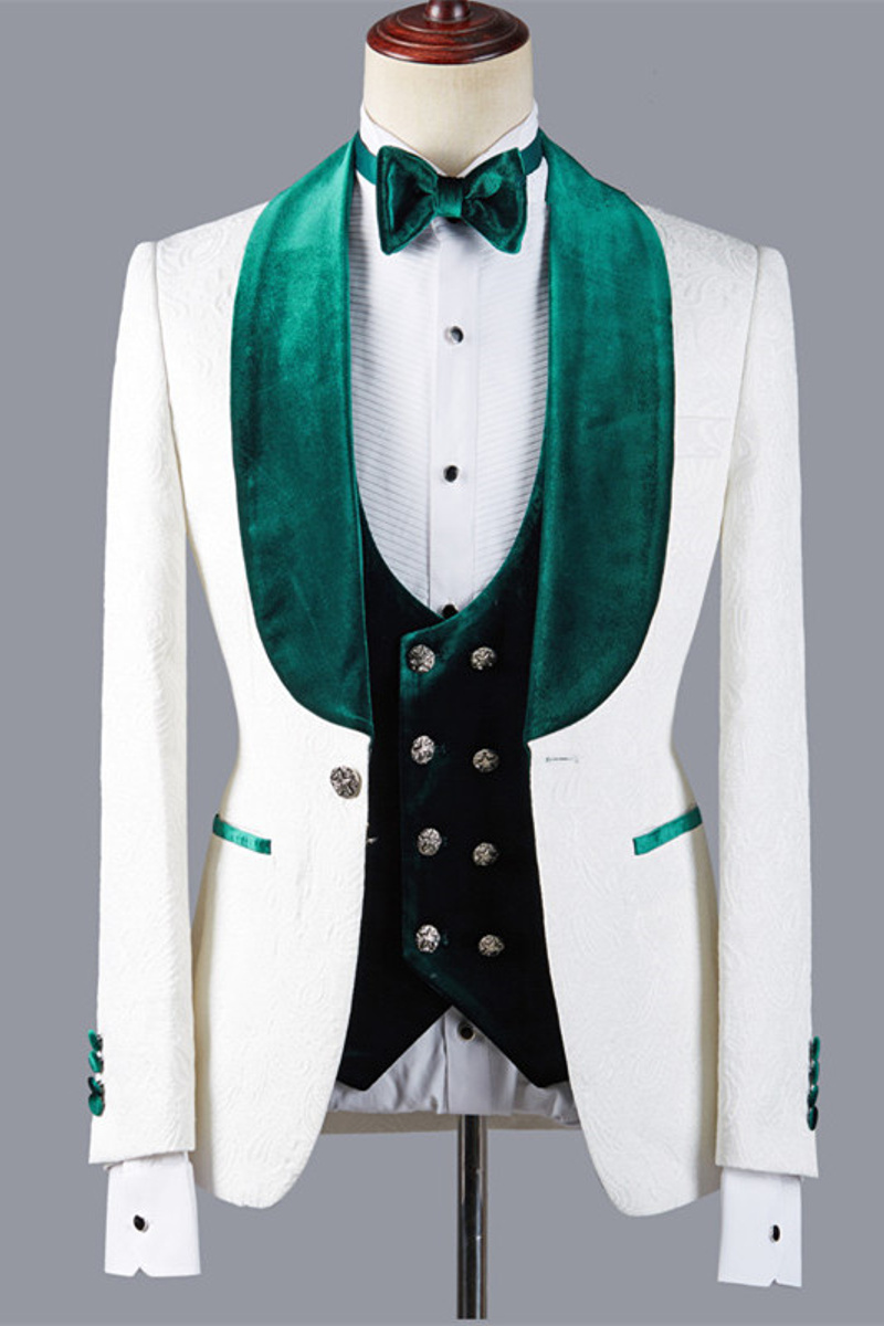 Jeffery Fashion Jacquard Three-Piece Green Lapel White Wedding Suit