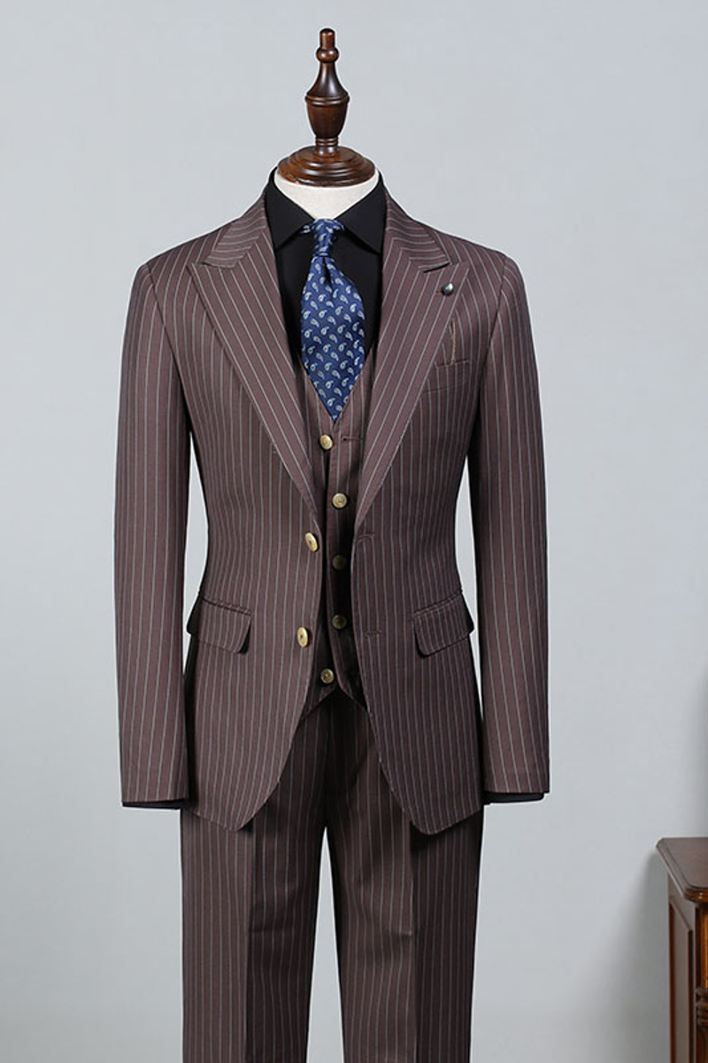 Les Popular Brown Striped Point Collar Fitted Suit
