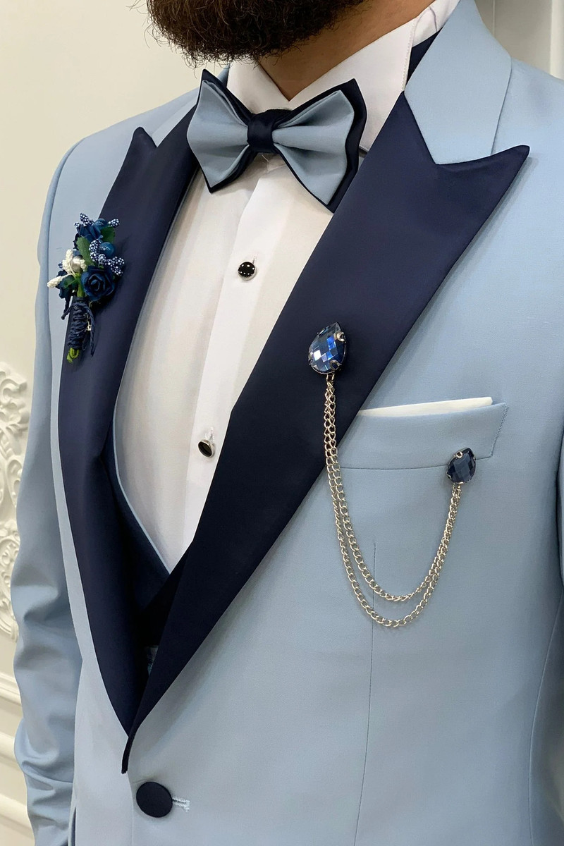 Modern Ice Blue Slim Peak Collar Three Piece Tuxedo