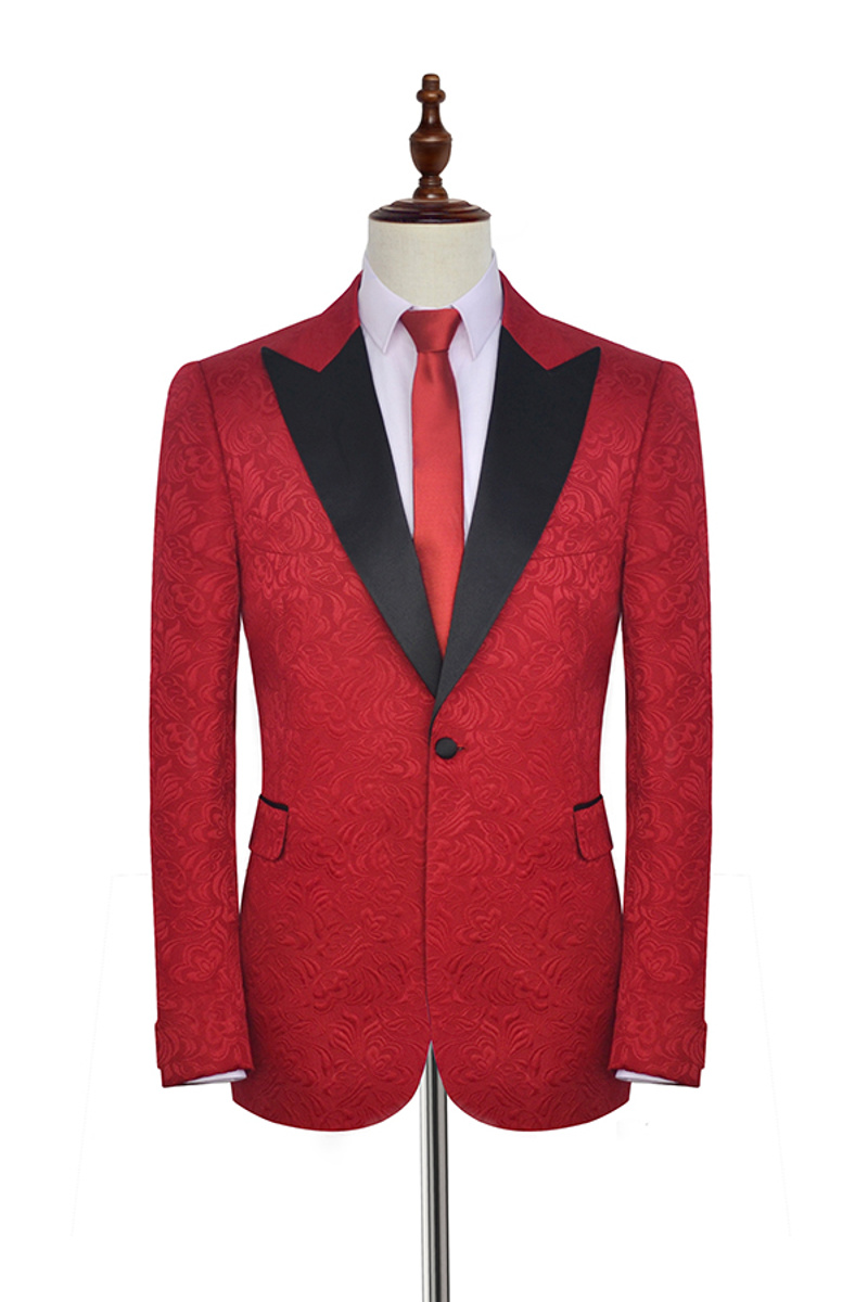 Unique Men Suit In Bright Red Jacquard With Pointed Lapels And Black Silk